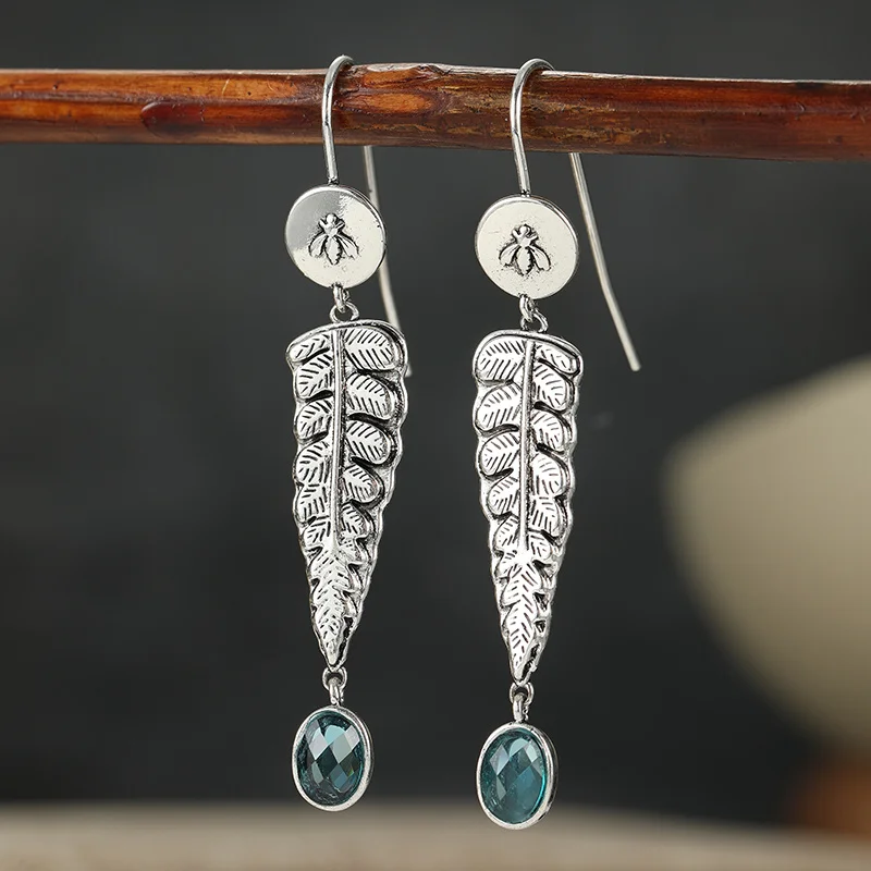 Engraved Leaf Long Hanging Women's Earrings Embellished with Synthetic Zircon Unique Design Earrings Forest Style Jewelry