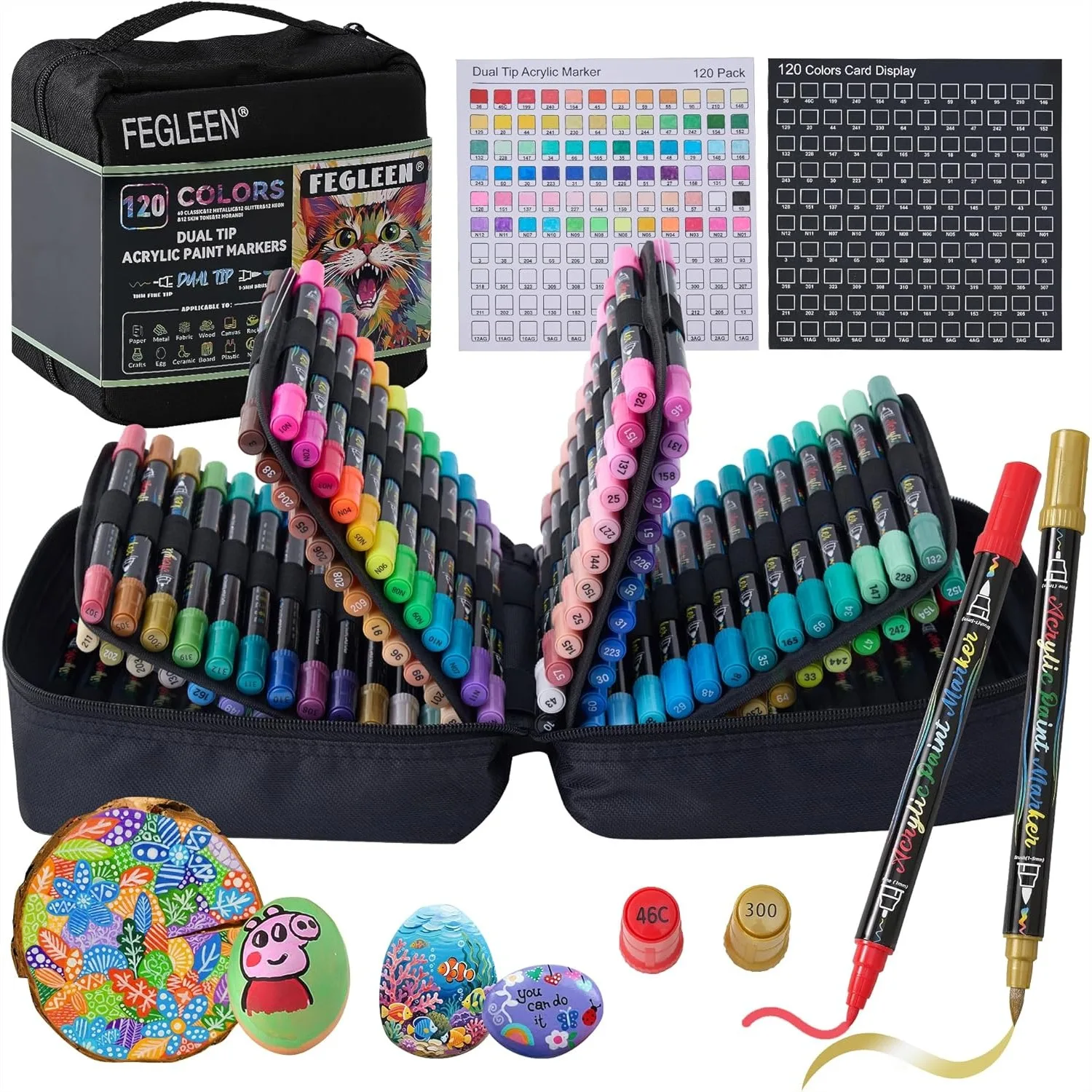 

120 Colors Acrylic Paint Markers Dual Tip Set With Fine And Brush Tip Include Metallic Glitter Neon Morandi Skin Tone For Rock Painting Egg Wood Glass Fabric Crafts