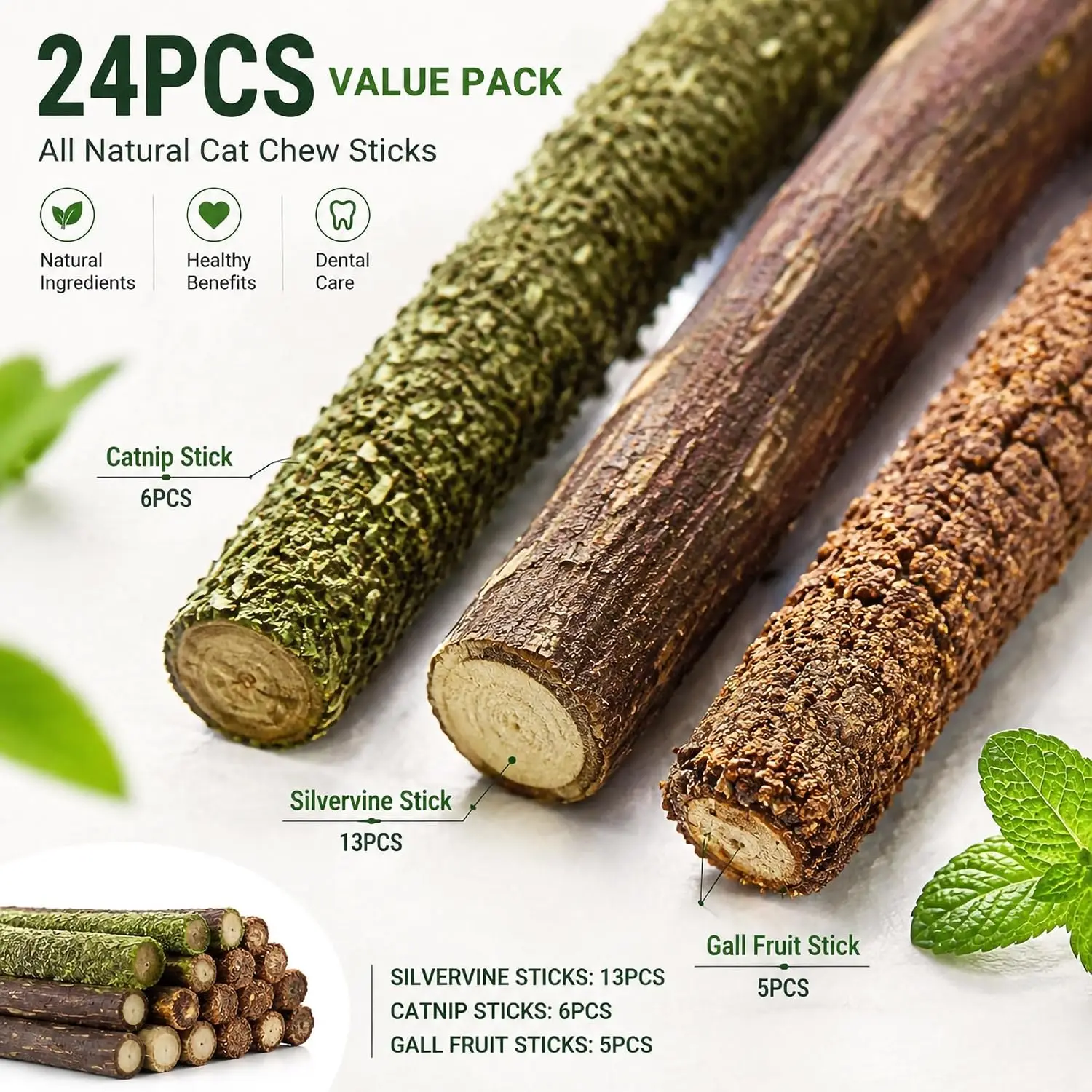 24PCS 3 Flavors Silvervine Sticks for Cats Natural Matatabi Catnip Chew Toys Interactive Molar Sticks for Kittens Teeth Cleaning
