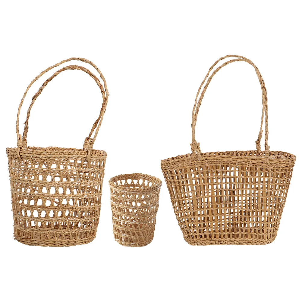 

1 Set Straw Woven Natural Flower Basket For Home Decor Desktop Storage Organizer Sundries Container Multi-Purpose Household