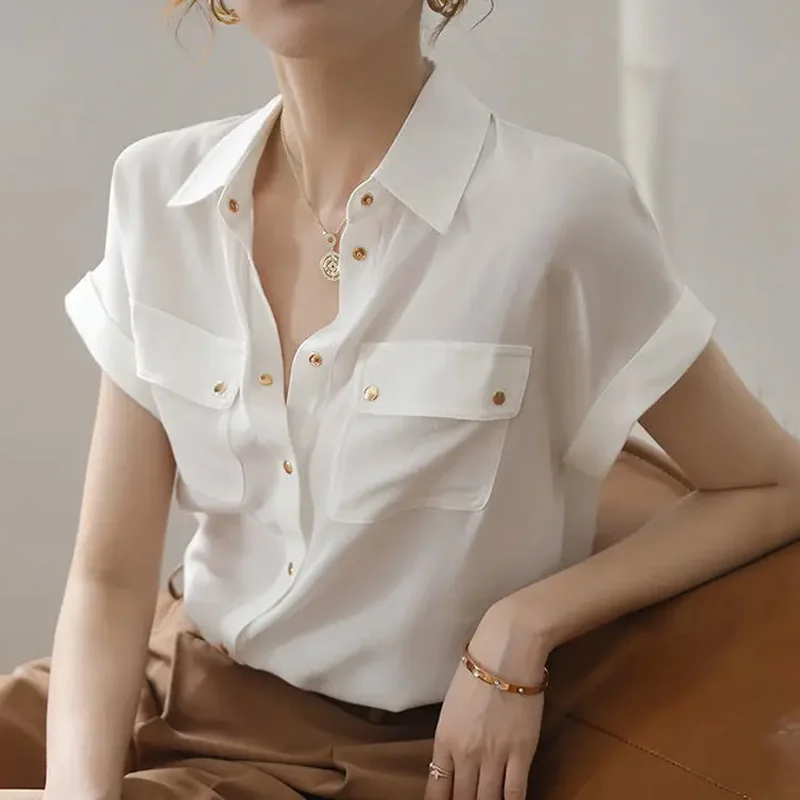 Temperament Chiffon White Shirt Tops Ladies Summer Thin Short Sleeve Polo Neck Loose Solid Blouse Elegant Fashion Women Clothing