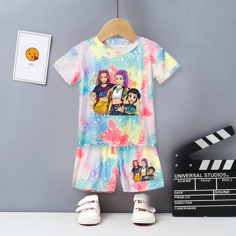 

KPop Demon Hunters Summer Girl Clothing Sets Short Sleeve Kids Outfits Cute Tie-dye Smlie Tees Children's T Shirt Shorts 2pcs