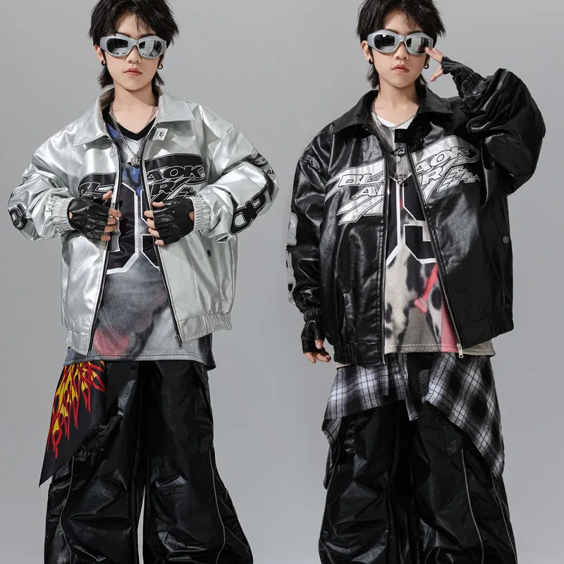 Boys K-pop Silver Shiny Leather Jacket Street Dance Cargo Pants Girl Hip Hop Streetwear Kids Jazz Costumes Children Clothes Set
