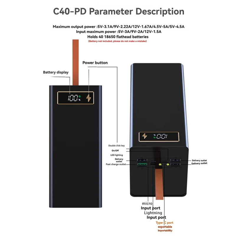 

ABRS-DIY Power Case Box 40X18650 Battery Pack With LED Lighting And Advanced Charging Protocols Detachable Battery Case