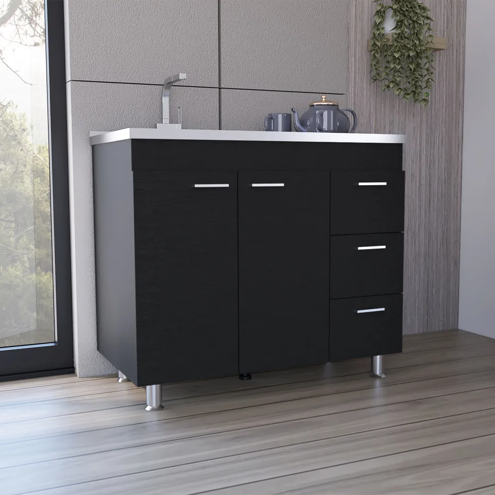 

Ferretti Utility Sink with Three Drawers and Double Door Cabinet Black