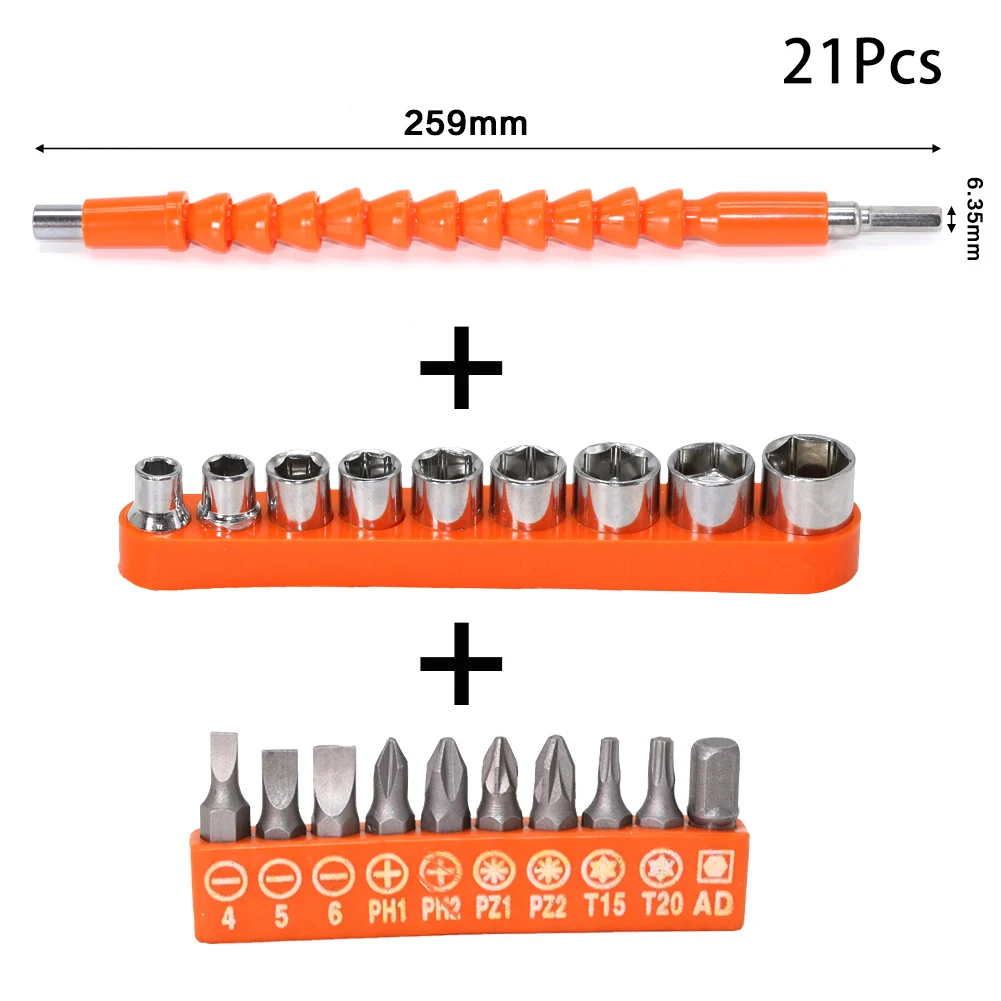 Electric Drill Flexible Shaft Extension Kit 21 Pcs Multipurpose Screwdriver Bits Socket Combination Repair Tool Set