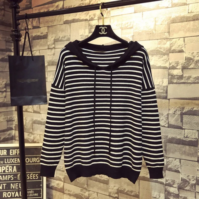 

Осенне-зимняя свободная полосатая вязаная женская толстовка с капюшоном в ленивом стиле, универсальный нижний свитер, топ
