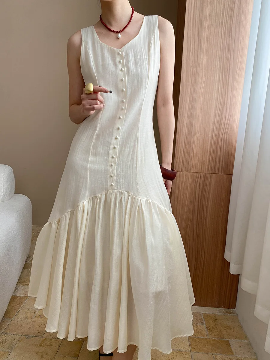

2025 Summer French Retro Buttoned Irregular Fishtail Dresses Women's Casual Solid Color Round Neck Sleeveless Vest Midi Dress