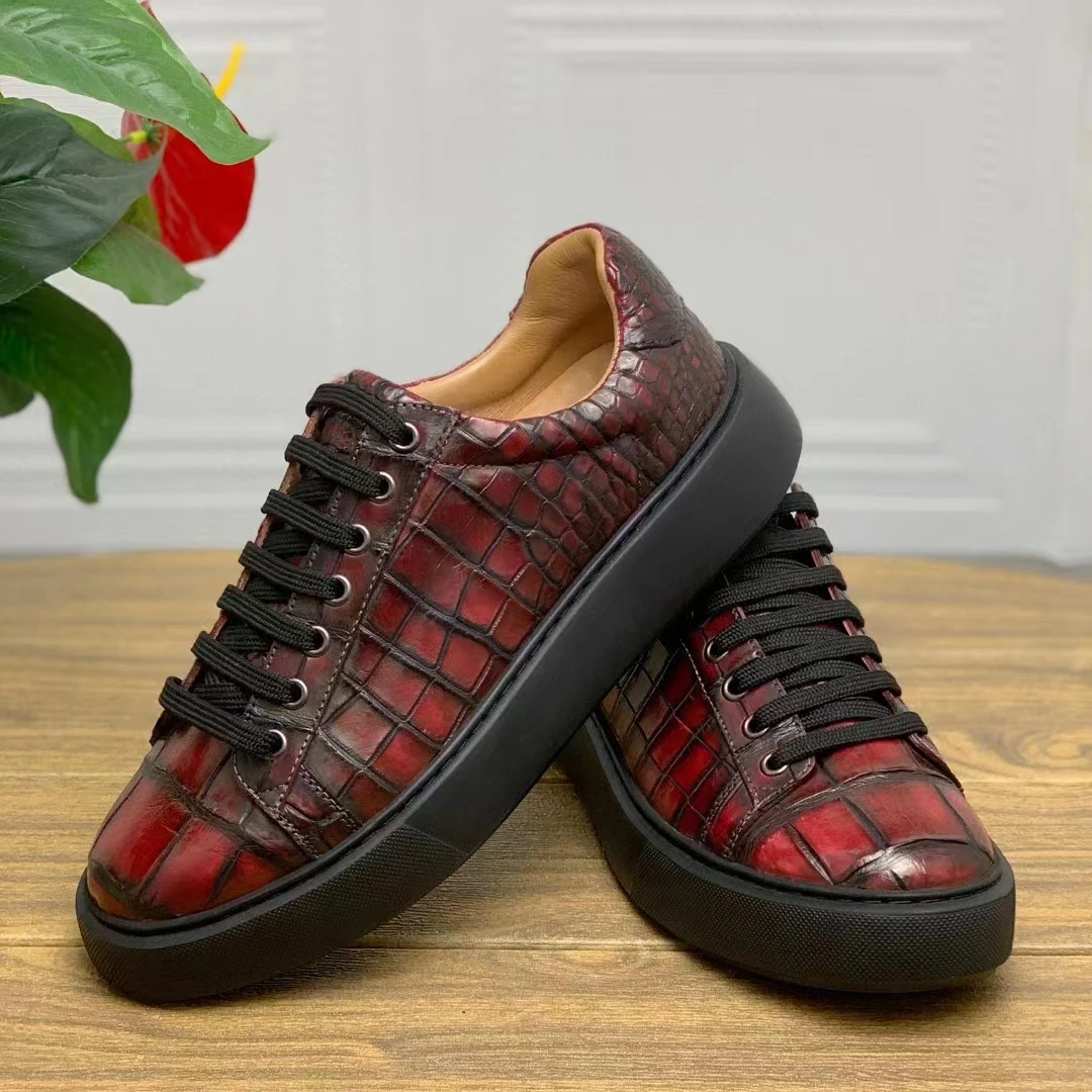 2023 new high quality Genuine real crocodile skin men shoe matt alligator leather men leisure sneaker wax color red blue grey