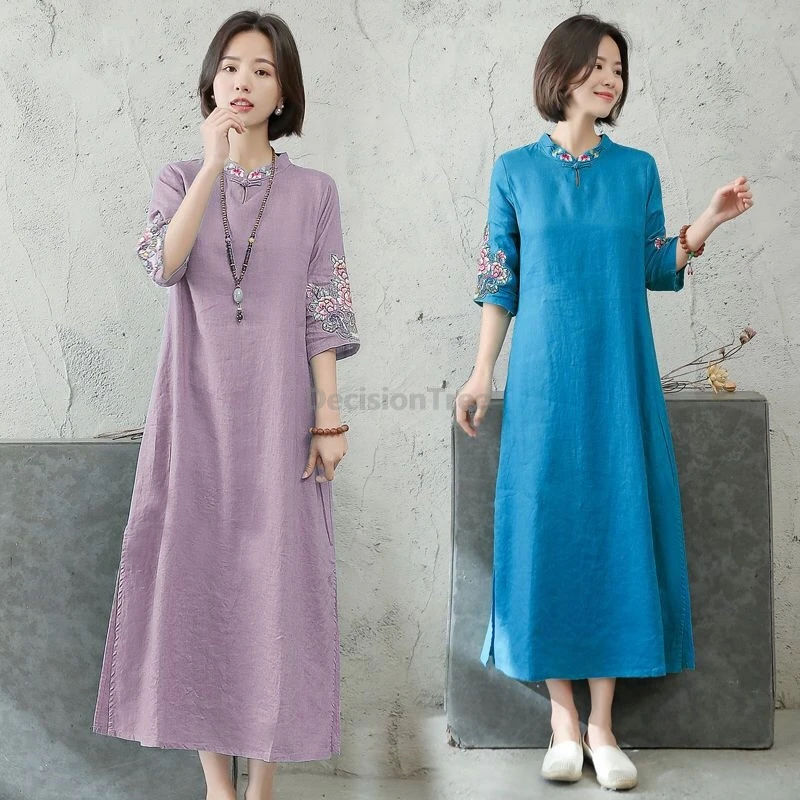 

2025 ethnic style embroideried cotton linen dress literature art retro chinese women's qipao elegant casual temperament qipao