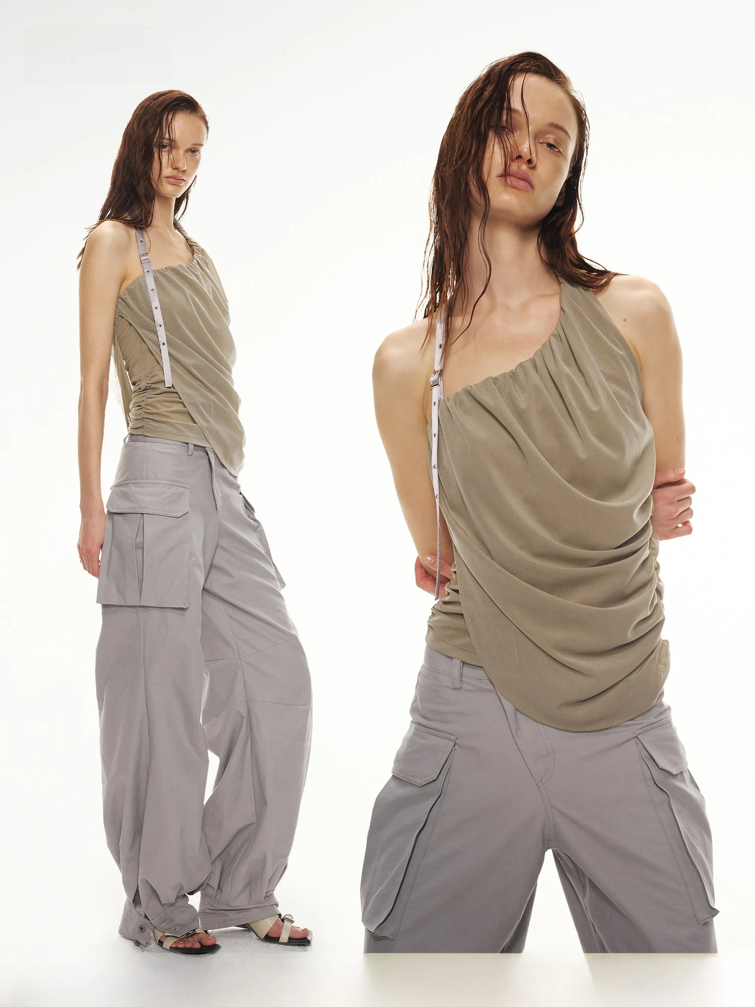 PRRP 47 Acid Mixed Fiber Halter Neck Ruffle Detail Loose Slimming Asymmetrical Top Women's Summer Fashion Vest Strapless Gown