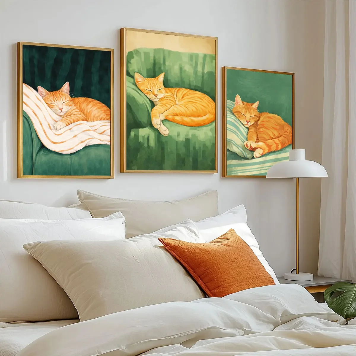 Large-sized frameless  3PCS Cute Orange Cat Sleeping Art Poster  Lazy Cat Wall Art  Animal Wall Decoration Print  Canvas