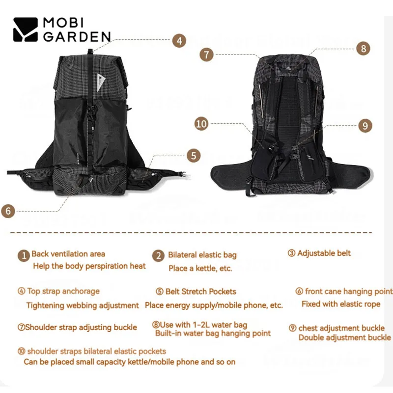 MOBI GARDEN Camping Climbing Backpacks 48+8L Large Capacity Hiking Tourists Bag Aluminum Alloy Bracket 420D Nylon Fabric Mirage