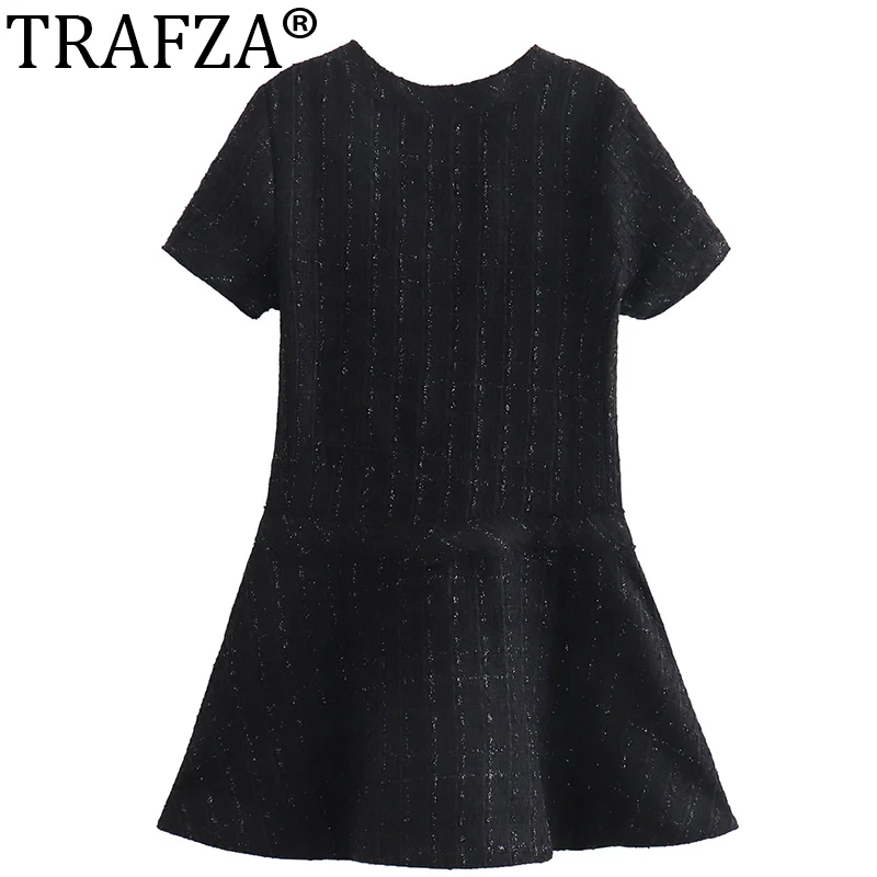 TRAFZA Elegant Ladies Style Spring Beige Texture Mini Dresses Girls Fashion Gold Buttons Short Sleeve Streetwear Style Dress