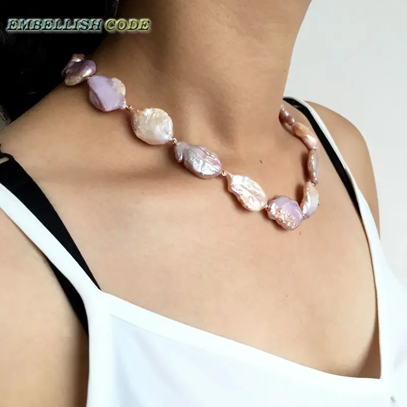Charm Baroque Pearls Necklace Peach Purple Red-Golden Beads For Women Flat Oval Shape Natural Cultured Pearl Adjustable Clasp