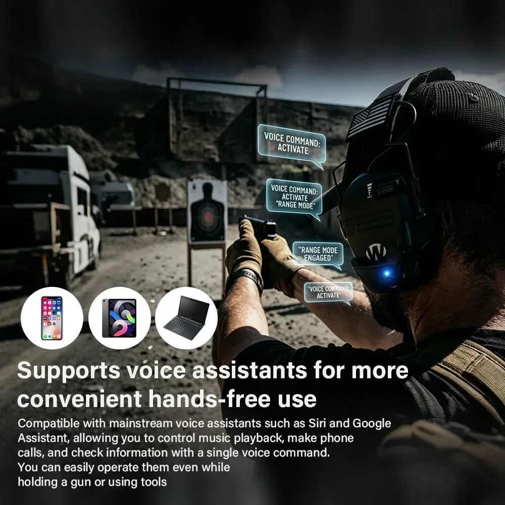 Professionelles Headset mit Geräuschunterdrückung und kabellosem Bluetooth, taktischer aktiver Gehörschutz gegen Lärm beim Schießen. – Detail 11