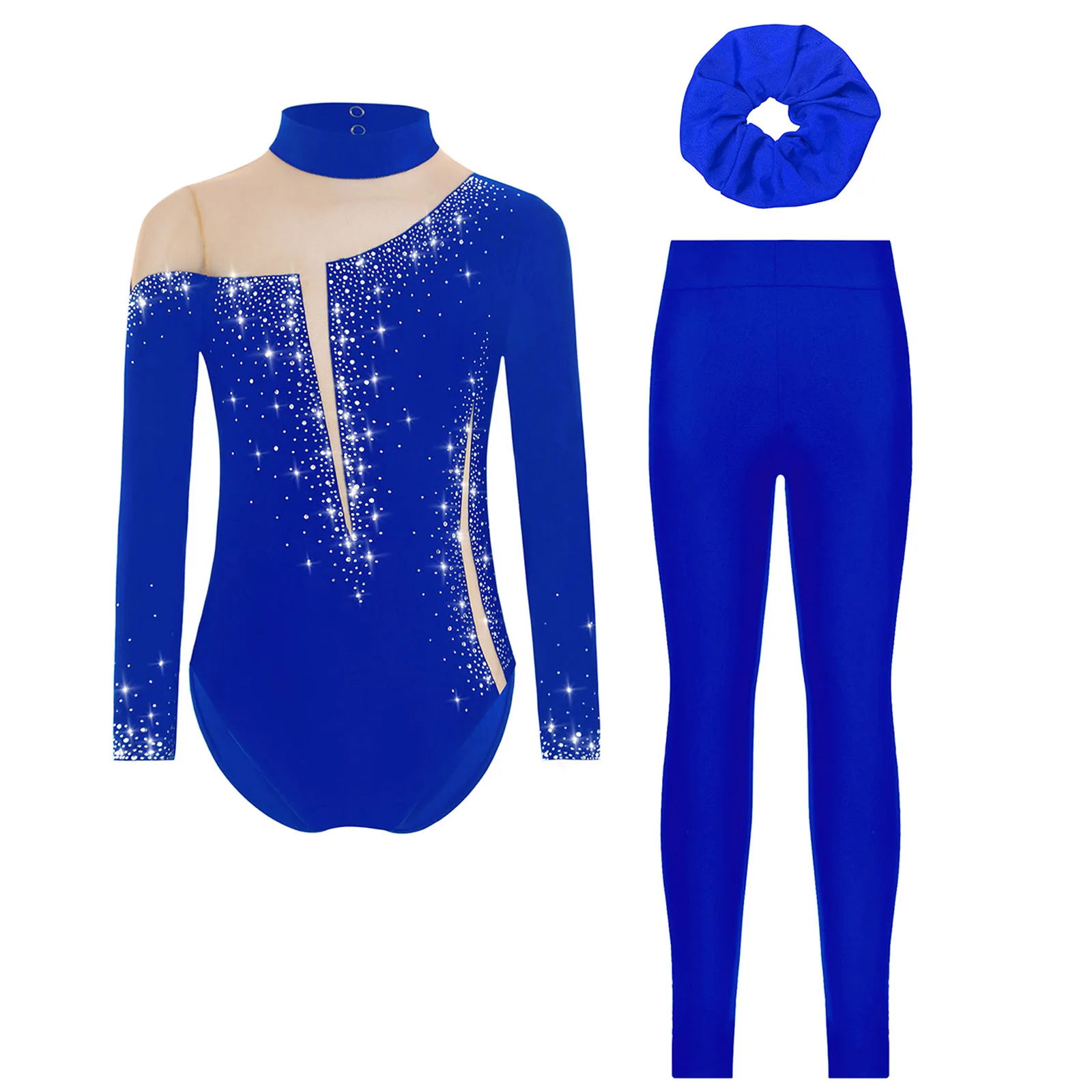 

3Pcs Girls Figure Skating Dance Bodysuit Long Sleeve Sparkly Leotard with Leggings Hairband for Gymnastics Yoga Ballet Show