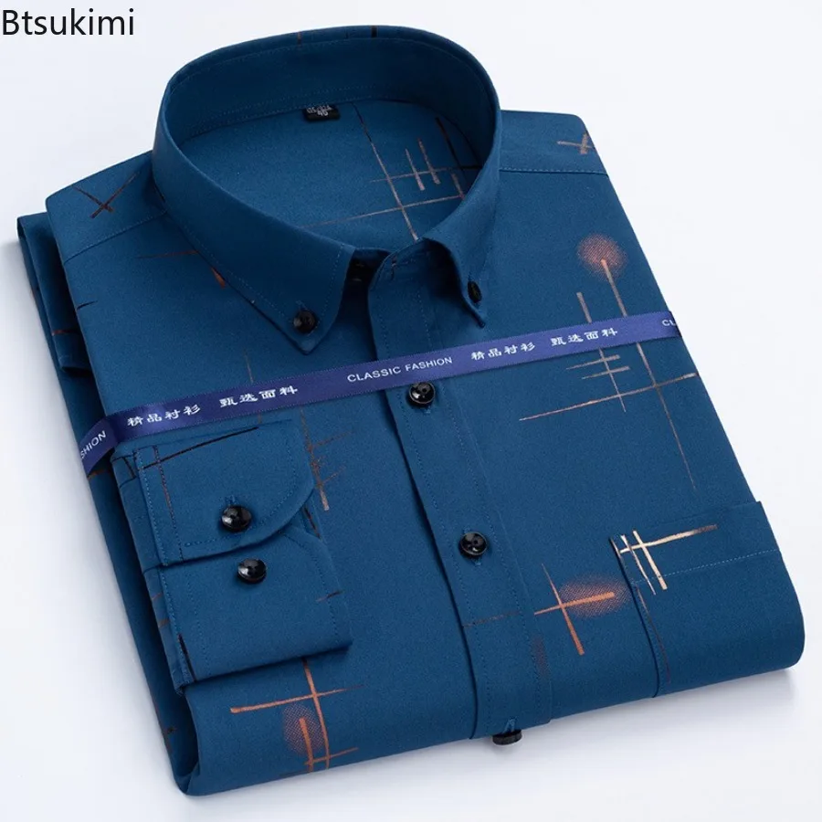 Latest Hot Sale Men's Dress Shirts Spring Autumn High-end Non-iron Anti-wrinkle Business Casual Shirts Slim Print Chemise Homme