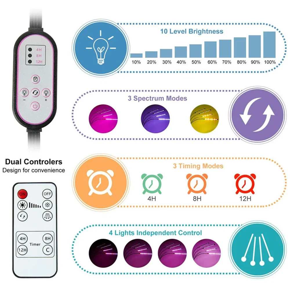 ضوء نمو النبات LED كامل الطيف مع دعامة ثلاثية القوائم، توقيت، جهاز تحكم عن بعد، لنباتات الزهور الداخلية، 80 وات، 100 وات