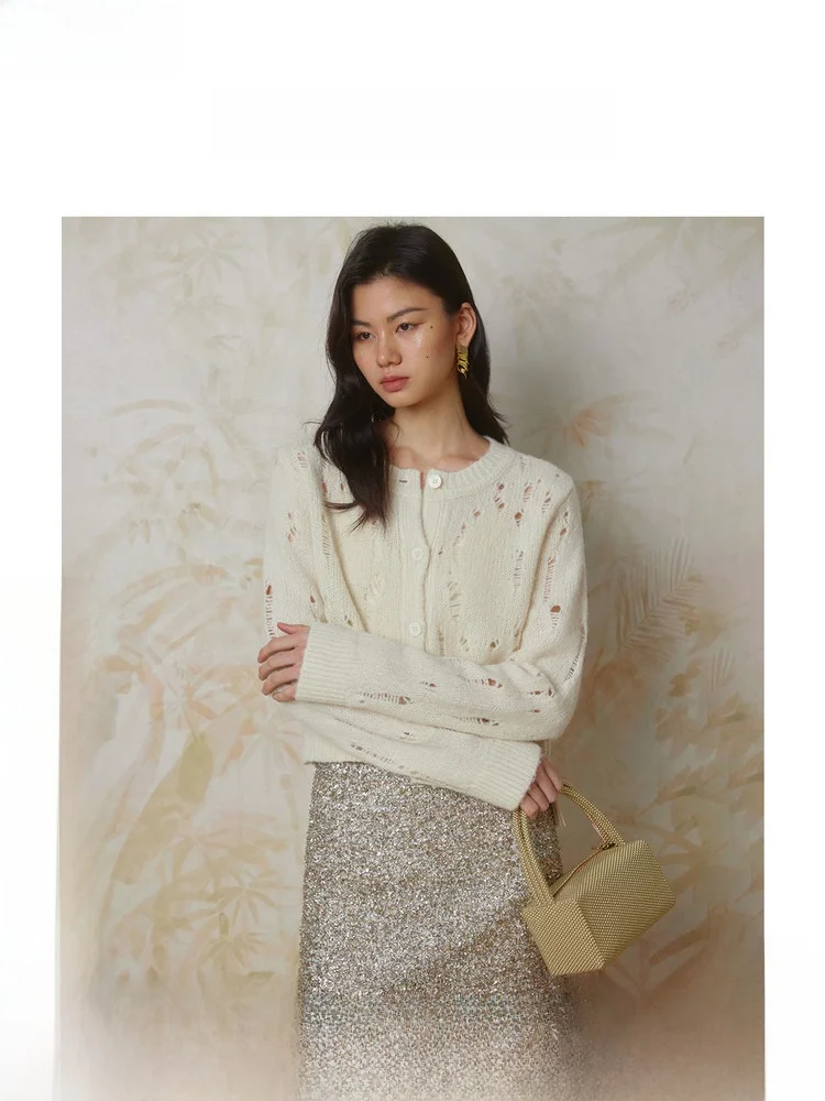 

ZhiZhi Women's round Neck Hollow Knitted Sweater Alpaca Wool Casual Versatile 2024 Winter Long Sleeve Color Commute Style