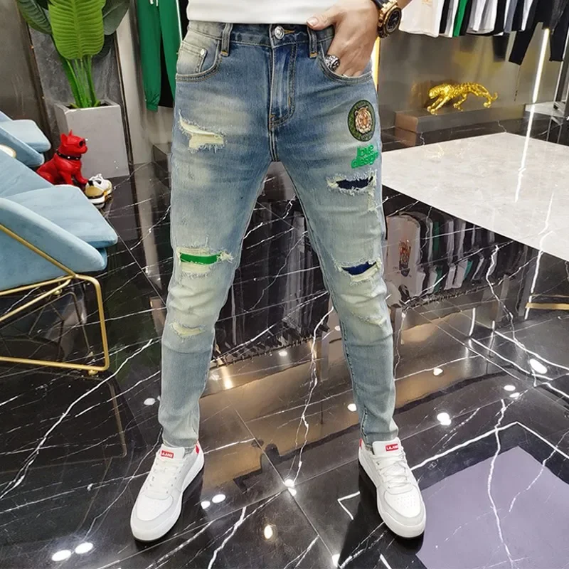 Men Autumn Beggar Hole Ripped Jeans Trendy Brand Matching Embroidered Slimming Elastic Ankle Length Pants