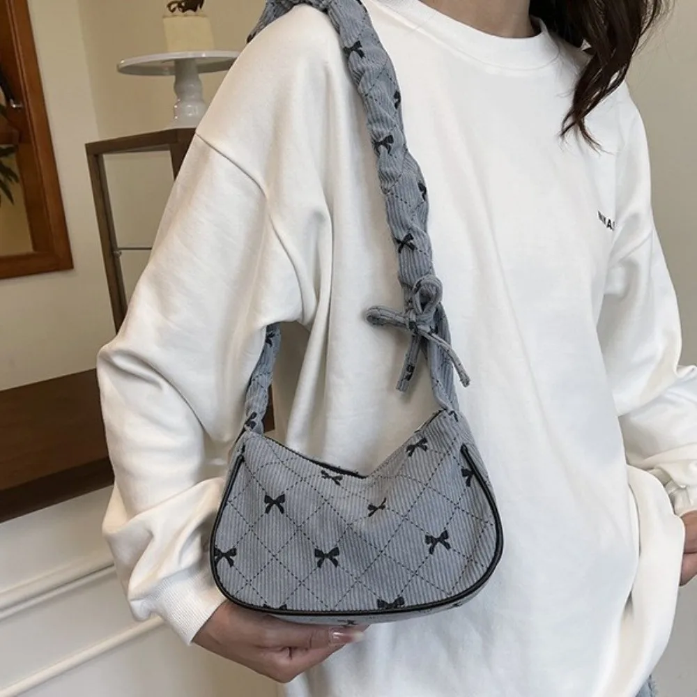 Simple Elegant Bowknot Underarm Bag Corduroy Small Size Crossbody Bag Drawstring All-Match Opening Bag Evening Use