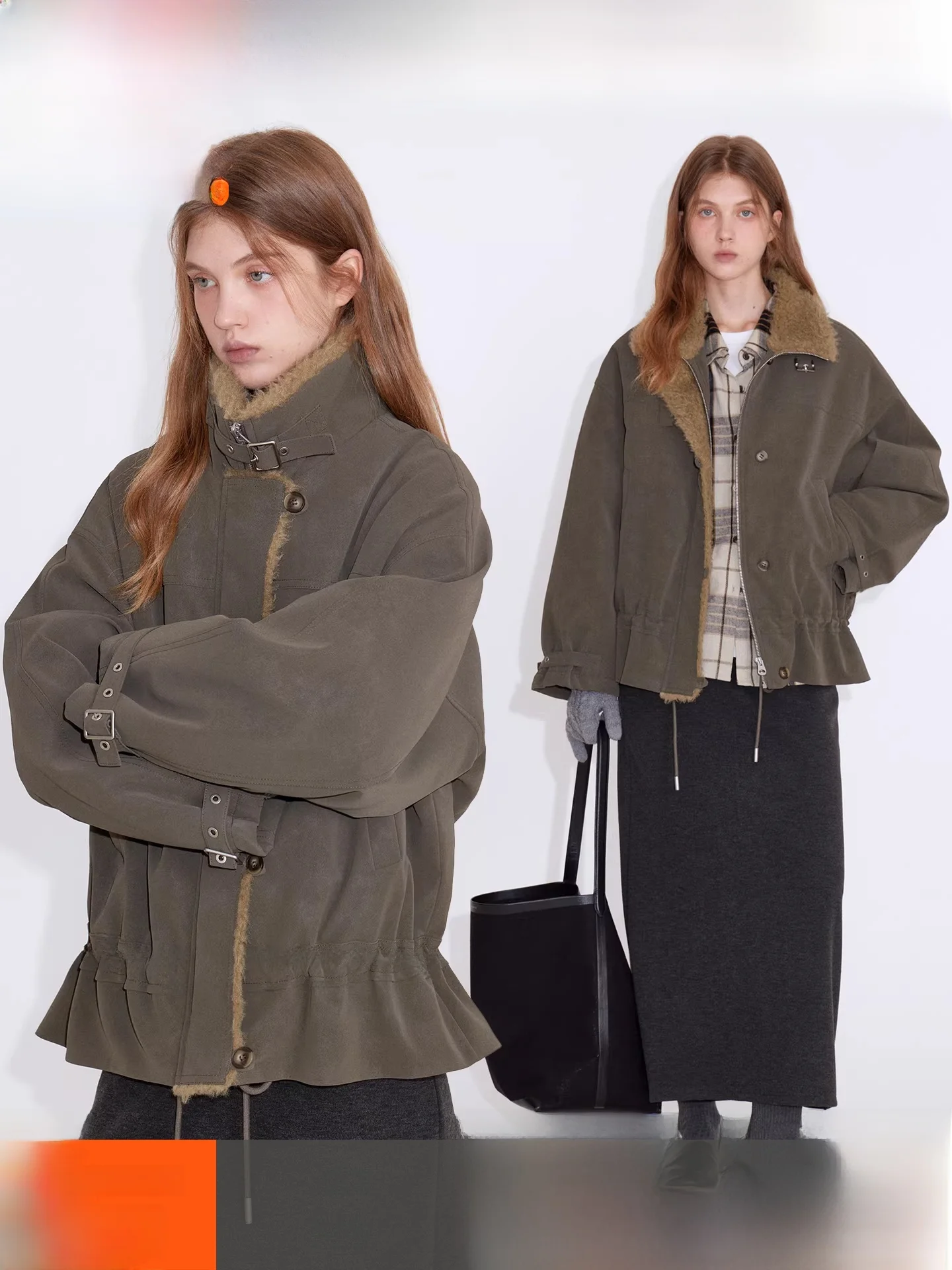 

Fano Heavyweight Dual-color PU Leather Fabric Adjustable Dstring Plaid Cotton Jaet Casual Sle Korean Loose Fit Coat