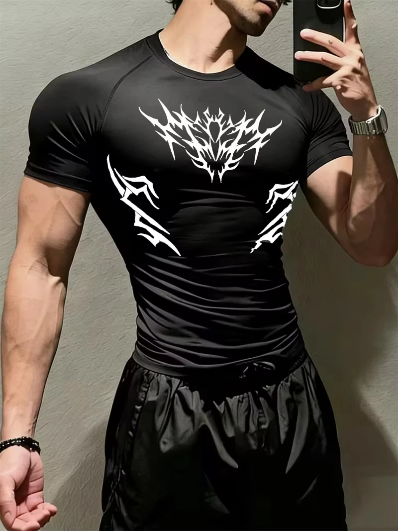 Men's Bodybuilding Sports Tight T-shirt Summer Compression O-Neck T Shirt Gym Fitness Quick Dry Running Trainning Shirts