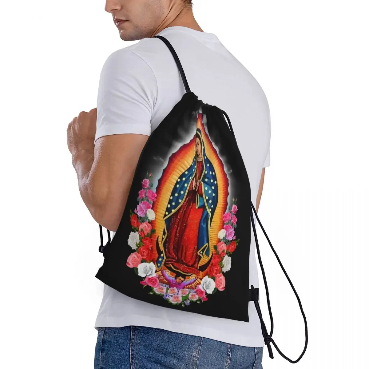 Custom Virgin Mary Of Guadalupe Drawstring Backpack Bag Lightweight Mexico Catholic Saint Gym Sports Sackpack Sacks for Training