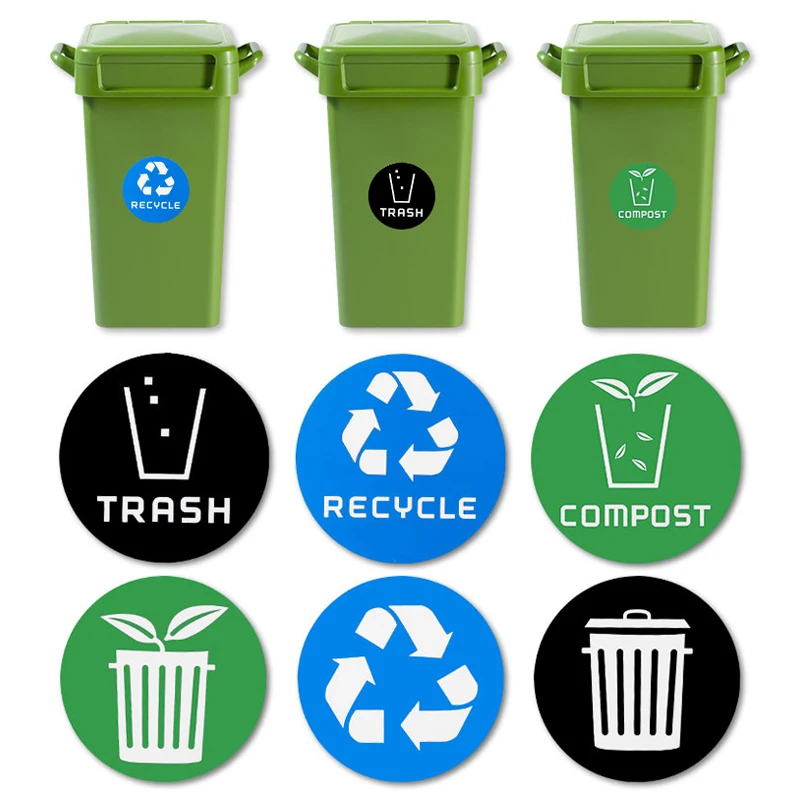 6pcs Diameter 10CM PVC Recycle Trash Bin Sticker Vinyl Stickers Decals For Label Bins Containers Garbage Cans Home Decor