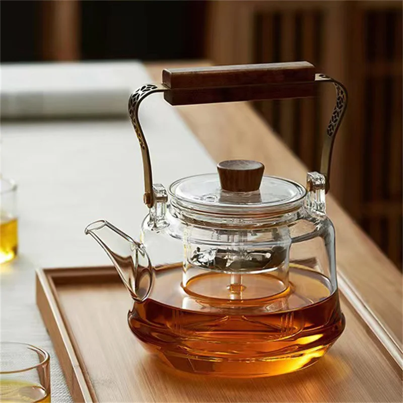 Tetera japonesa de vidrio resistente al calor con Infusor de té, tetera de Kungfu con mango de madera de cobre, para elaboración de cerveza