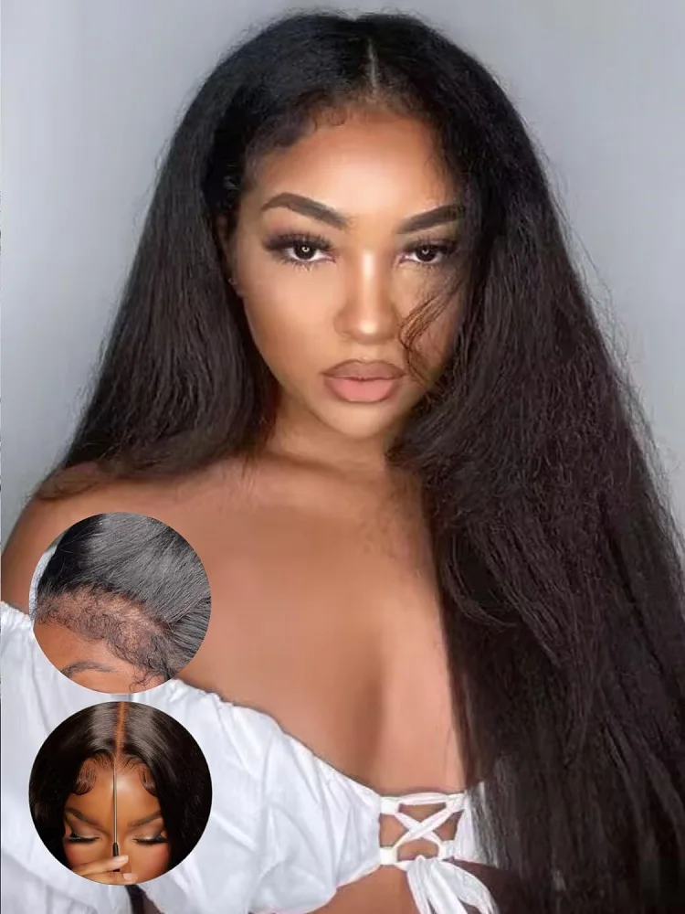 

Glueless Wig Kinky Straight 6x4 HD Lace Pre Cut Pre Plucked Invisible Knots Wear and Go Yaki Straight Human Hair Lace Front Wigs