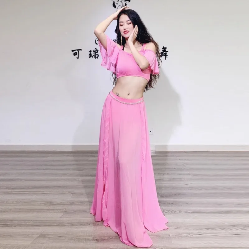 Trajes de danza del vientre personalizados, conjunto de traje de práctica, vestido de actuación con doble hendidura, nuevo traje de danza Oriental, falda con vuelo grande de gasa