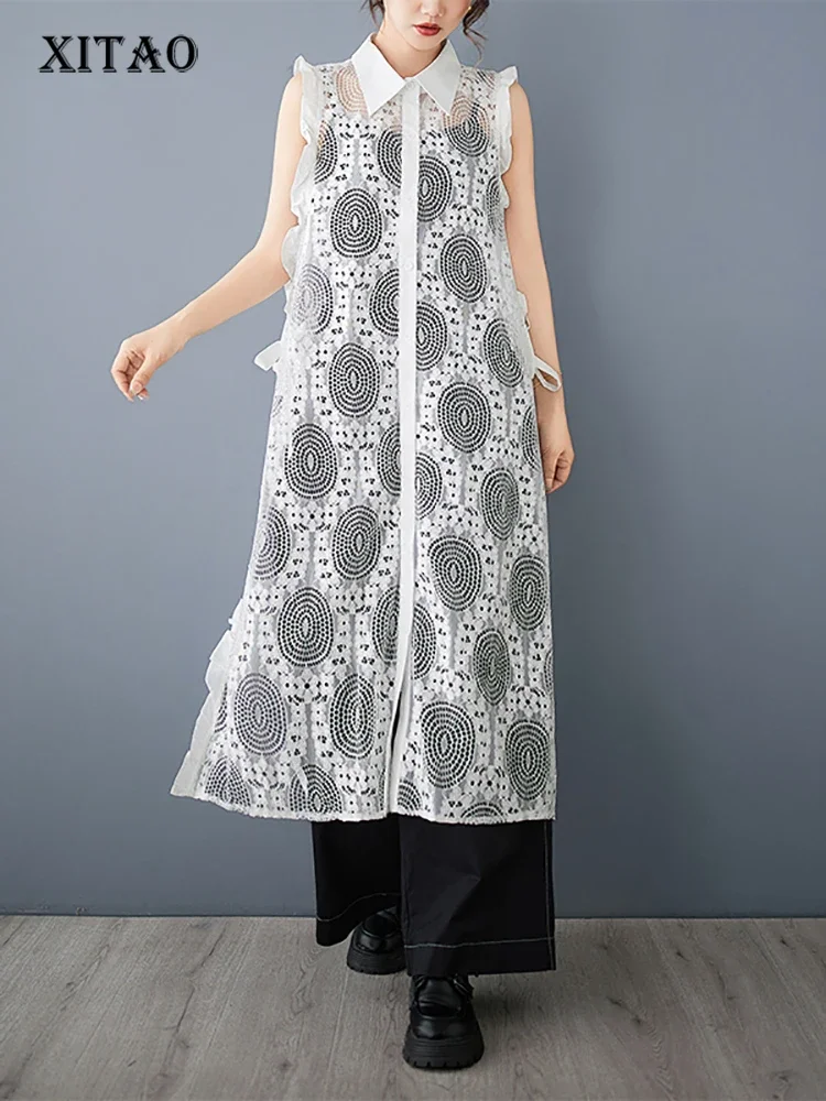 

XITAO A-line Casual Solid Color Loose Fit Turn-down Collar Dress Hollow Out Sleeveless Lace New Summer Women Dress GMM1104
