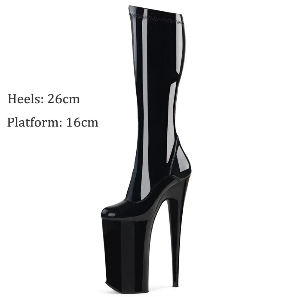 2026 Fall Patent Leather Round Toe Platform Mid Calf Boots 26cm Stiletto Heel Pole Dance Boots with Wrap Platform  Performances