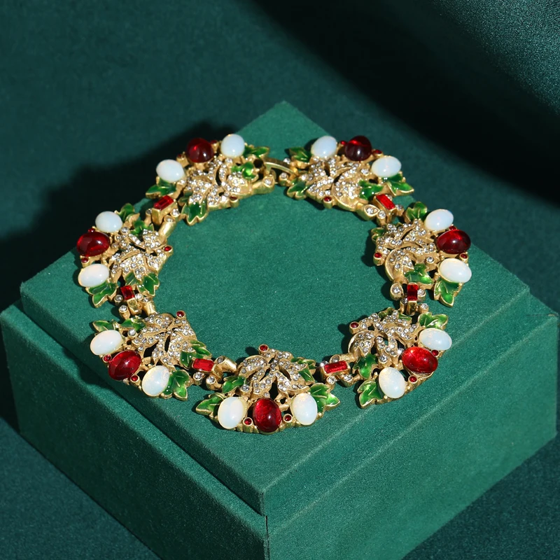 

Vintage Christmas Bracelets Antique Gold Plated Jewelry Colorful Glazed Flower Petals Retro Luxury Accessories Women 2026 New