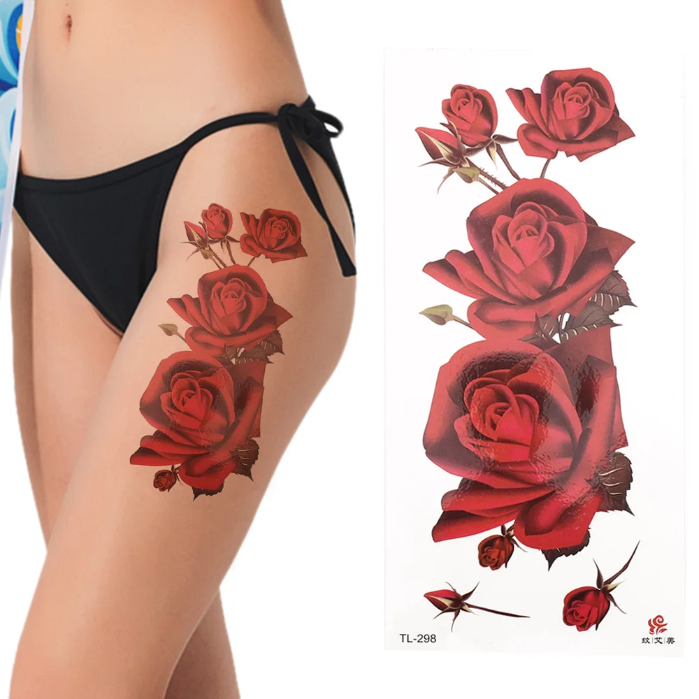 Waterproof Flower Temporary Tattoo Sticker Rose Pattern Water Transfer Under Breast Shoulder Colorful Flower Body Fake Tattoo