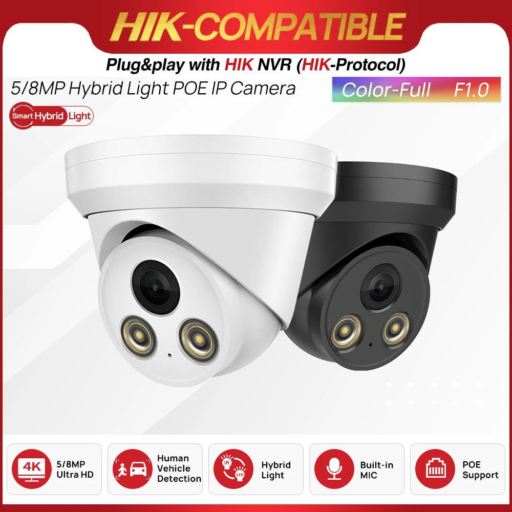 Hikvision Compatible 4K HD IP Camera 8MP POE Security Smart Dual Light IR Color Night Vision Built-in Mic 5MP Video Surveillance