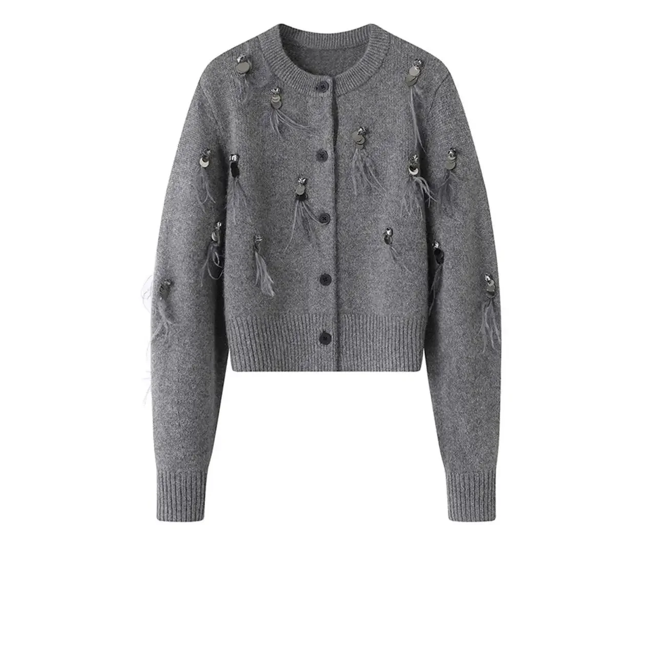 

Осенне-зимнее пальто, высококачественный вязаный свитер, черный, серый вязаный кардиган, винтажные женские топы с длинными рукавами и блестками, перьями и кисточками