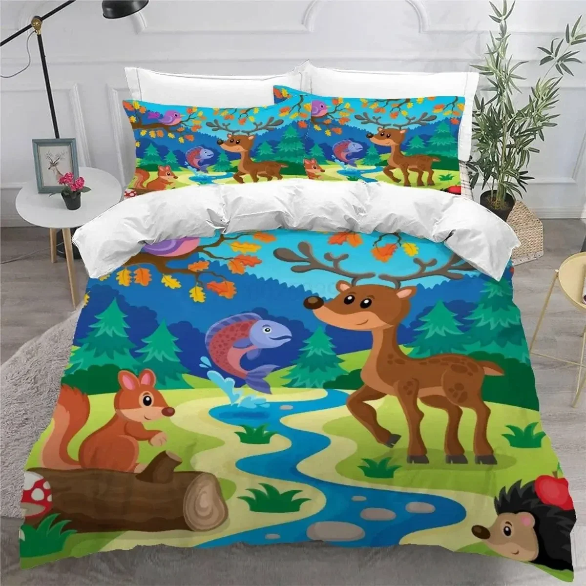 Exquisite Forest Animal Cartoon Zoo Bedding Set,Duvet Cover Comforter Bed Set Quilt Cover Pillowcase,King Queen Twin Size Boys G