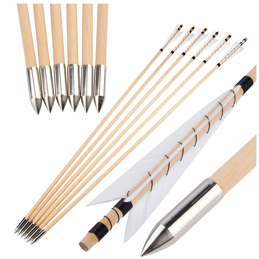 

12 деревянных стрел для стрельбы из лука с наконечниками, 5-дюймовые, с белыми перьями индейки, для стрельбы по мишеням, деревянный древко стрелы OD8мм, наконечник из нержавеющей стали