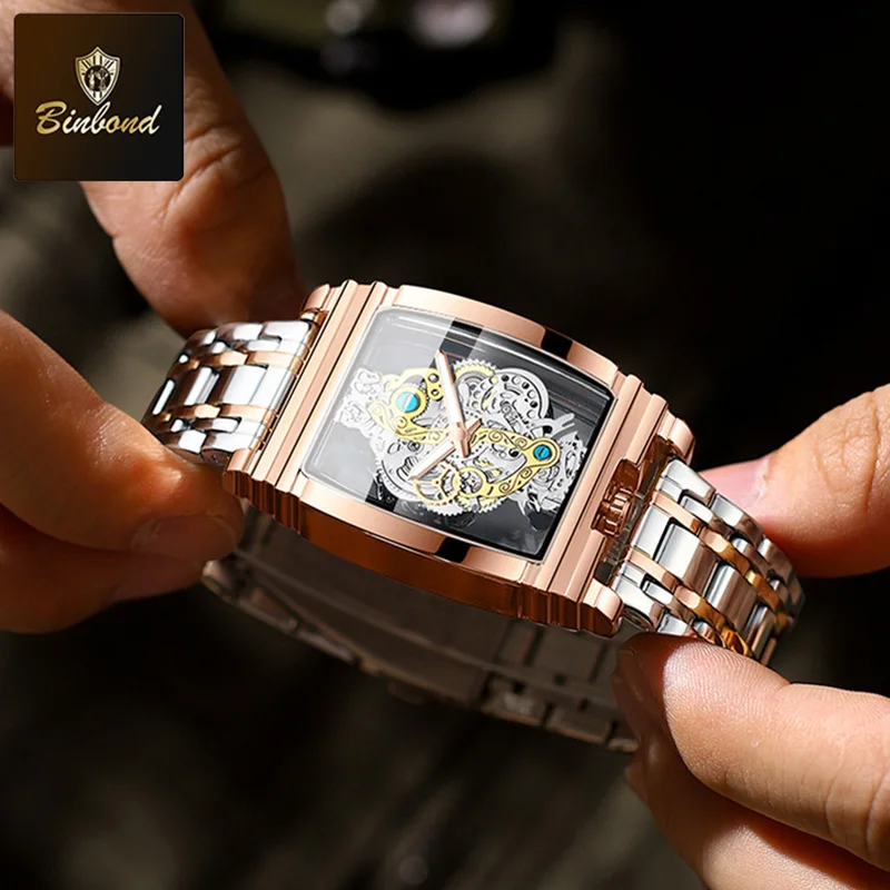 BINBOND New Luxury Man Watch Fashion Wine Bucket Motorcycle Gear Strip Hollow Tourbillon Design Luminous Waterproof Men's Watch