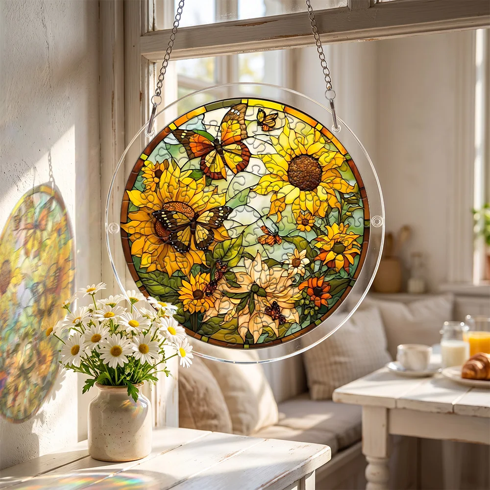 Sunflower Butterfly Acrylic Puzzle Suncatcher Stained Glass Style Window Hanging Ornament for Home Garden Decor Birthday Gift
