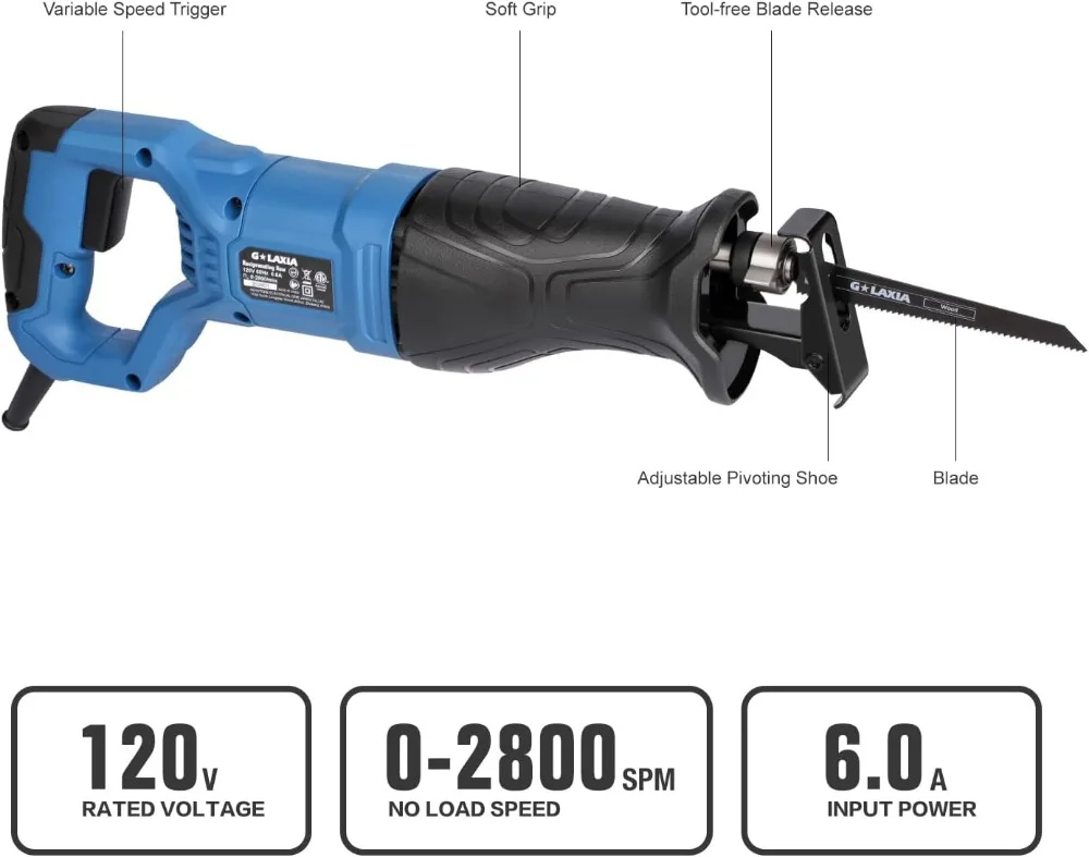 6Amp 2800RPM Variable Speed Reciprocating Saw with 4/5" Stroke, 3 Blades for Wood & Metal Cutting