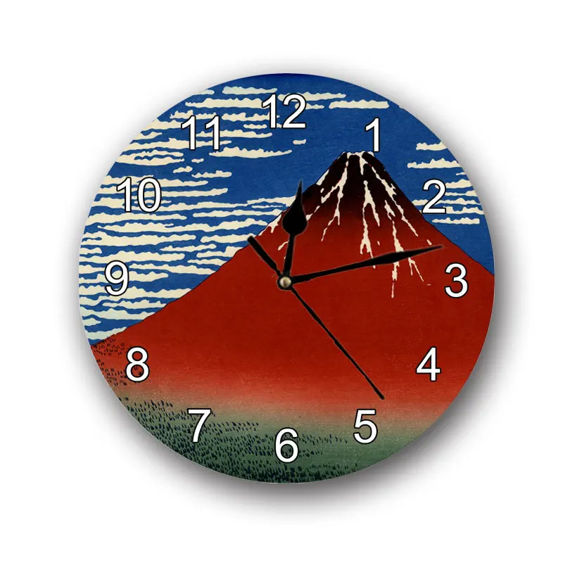 Fuji Mountain Scenery Wall Clock Katsushika Hokusai Design Kanagawa Surfing Round Mute Clock for Home Decoration Wooden Craft