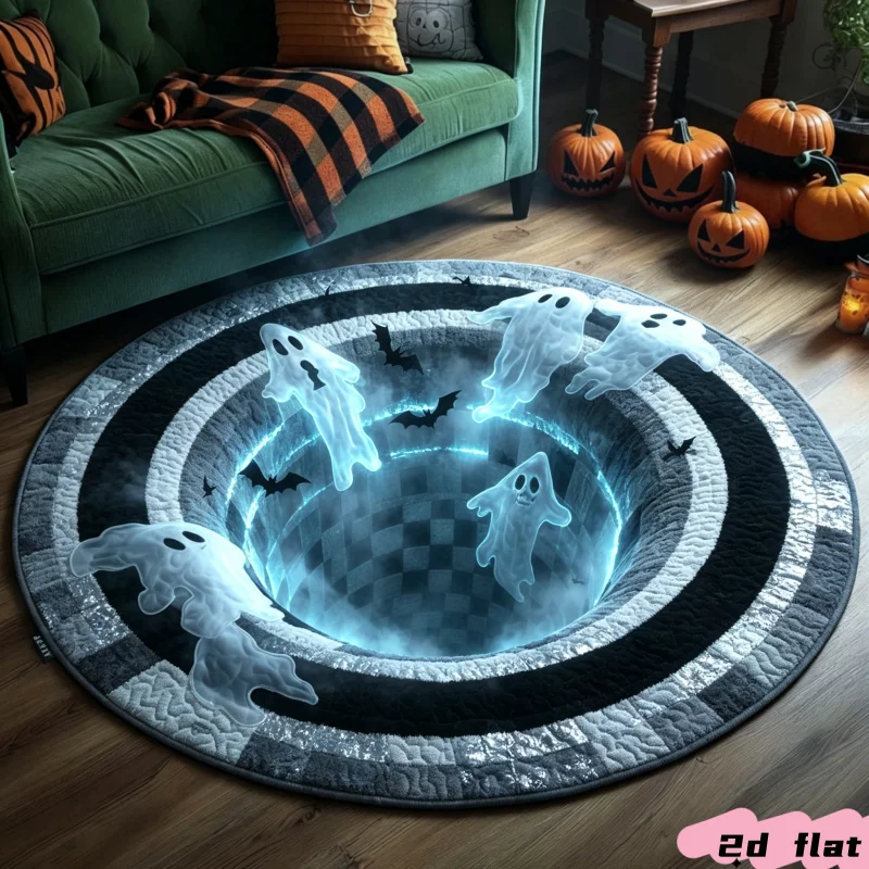 Round Halloween Area Rug 2D Vortex Illusion Ghost Bat Art Graphic Floor Rug for Living Room Bedroom Home Interior Decoration