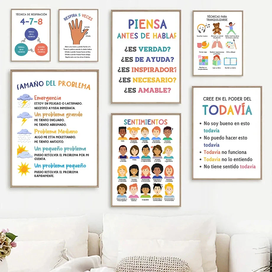 Spanish Child Education Emotion Yoga Weather Nursery Poster NordicCanvas Painting Wall Art Print  Pictures Baby Kids Room Decor