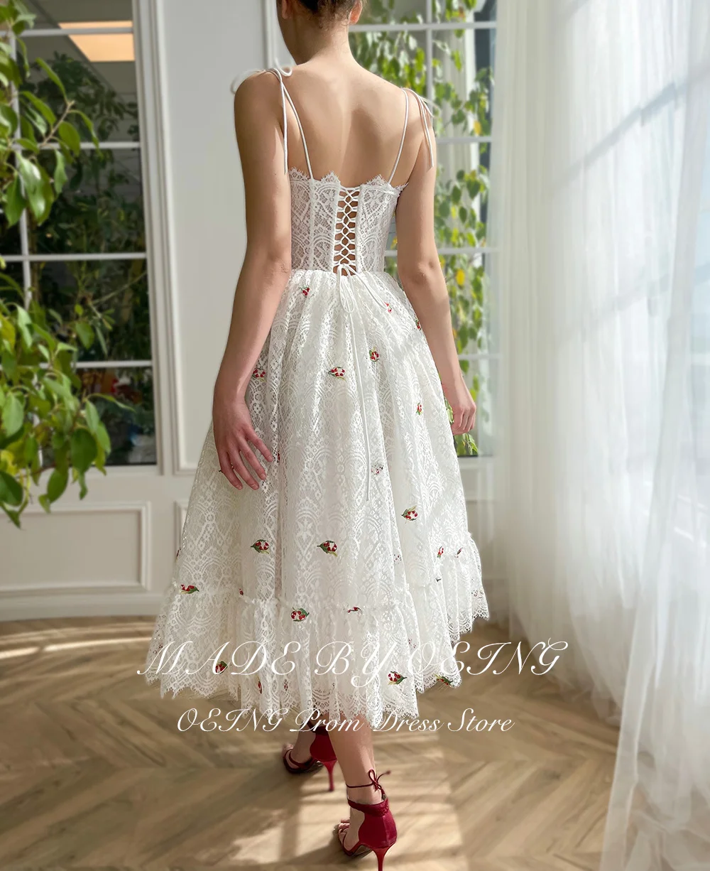 OEING Gentle Lace A-line Wedding Dress Sweet Tea Length Prom Dress 2024 Spaghetti Straps Cherry Party Dress Lace Up Back Pastrol