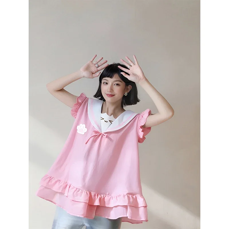 Japonês y2k roupas femininas bonito menina rosa kawaii vestidos doce colete 2025 orelhas de gato sem mangas babados vestido tanque fds3