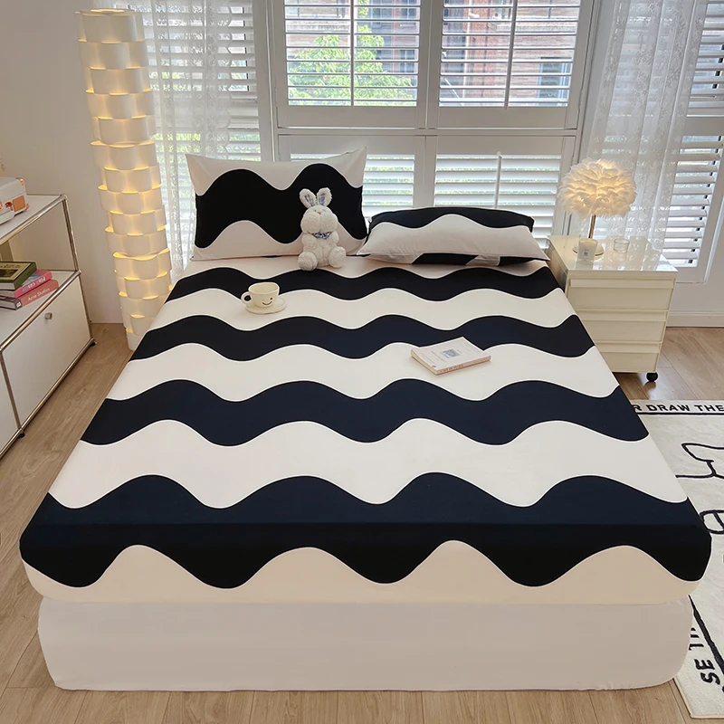 Black and White Striped Fitted Sheet with 2 Pillowcases Simplicity Wave Design Bed Sheet Bed Cover with Deep Pockets Full Size